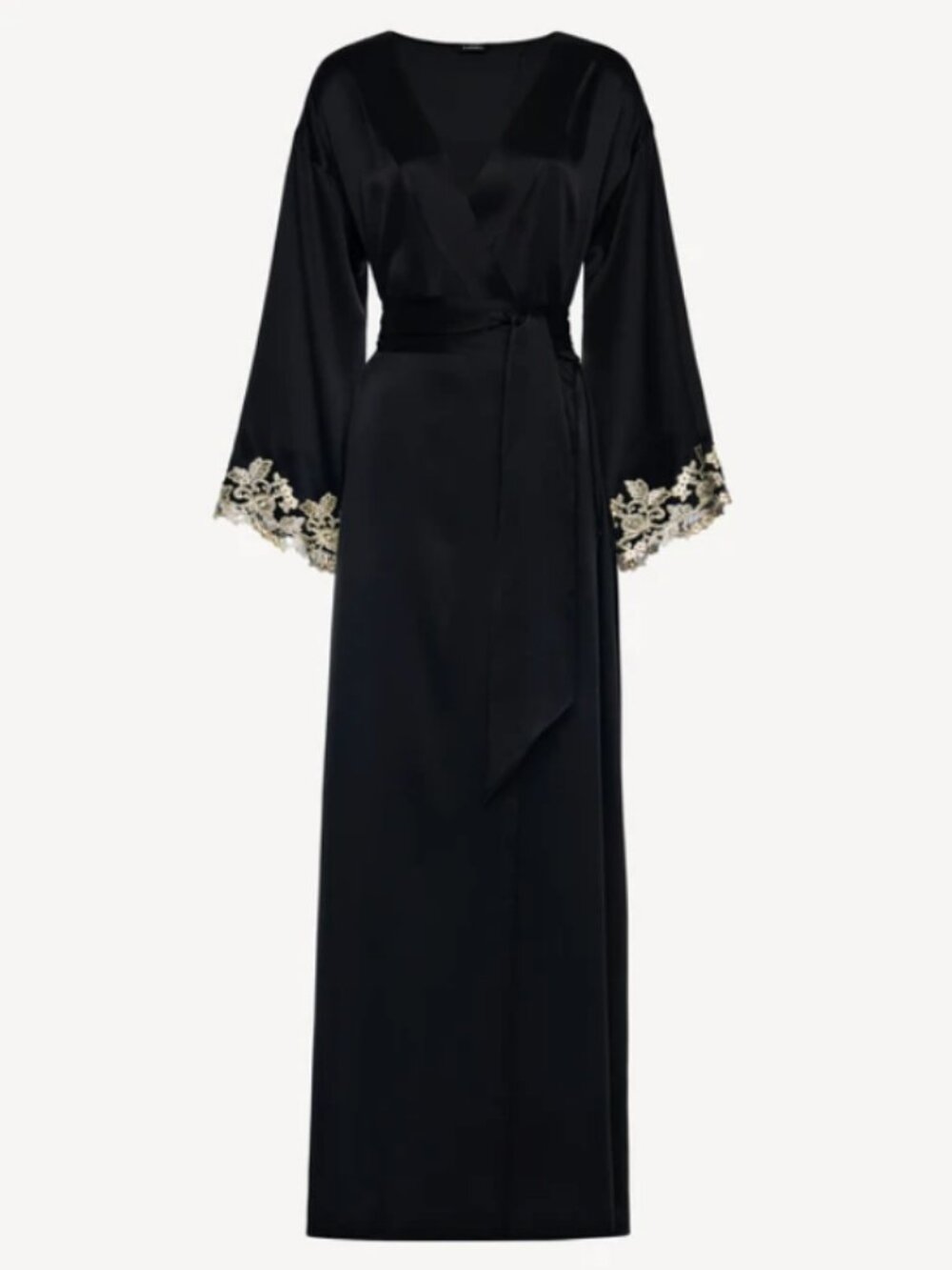 La Perla Black long silk robe, hand finished with double frastaglio IT/42